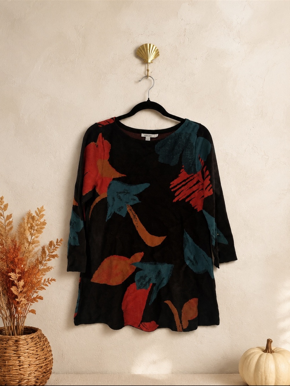 Chico's Abstract Floral Leaf Print Tunic Sweater Size Small Boho Fall